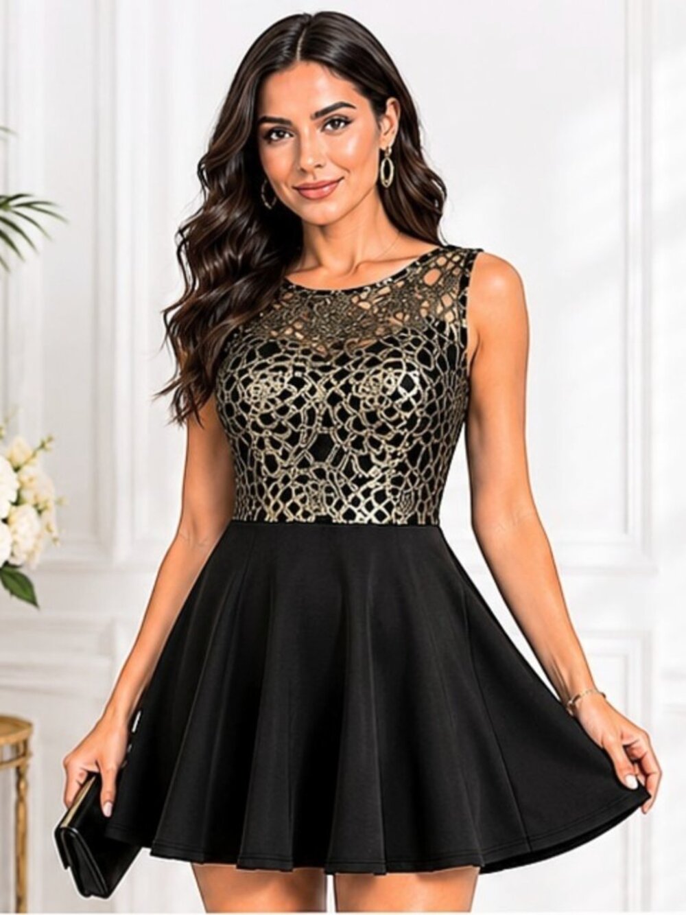 Metallic Gold Black Crochet Lace Overlay Bodycon Mini  Size M